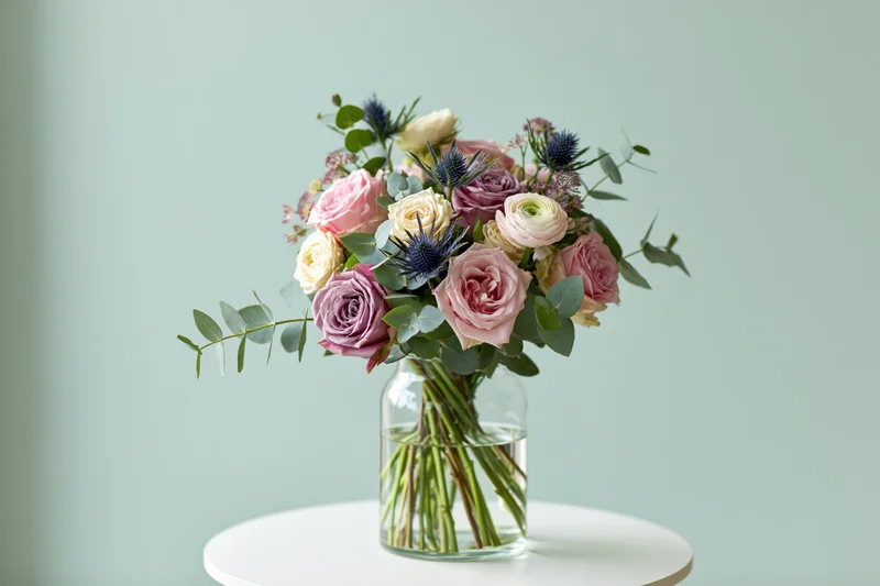 Mixed flower bouquet in a clear glass vase on a white round table against a mint background