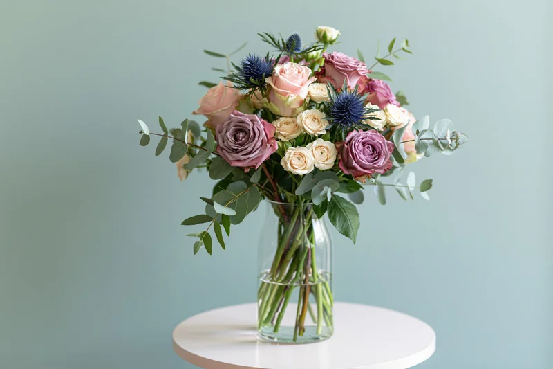 Mixed flower bouquet in a clear glass vase on a white round table