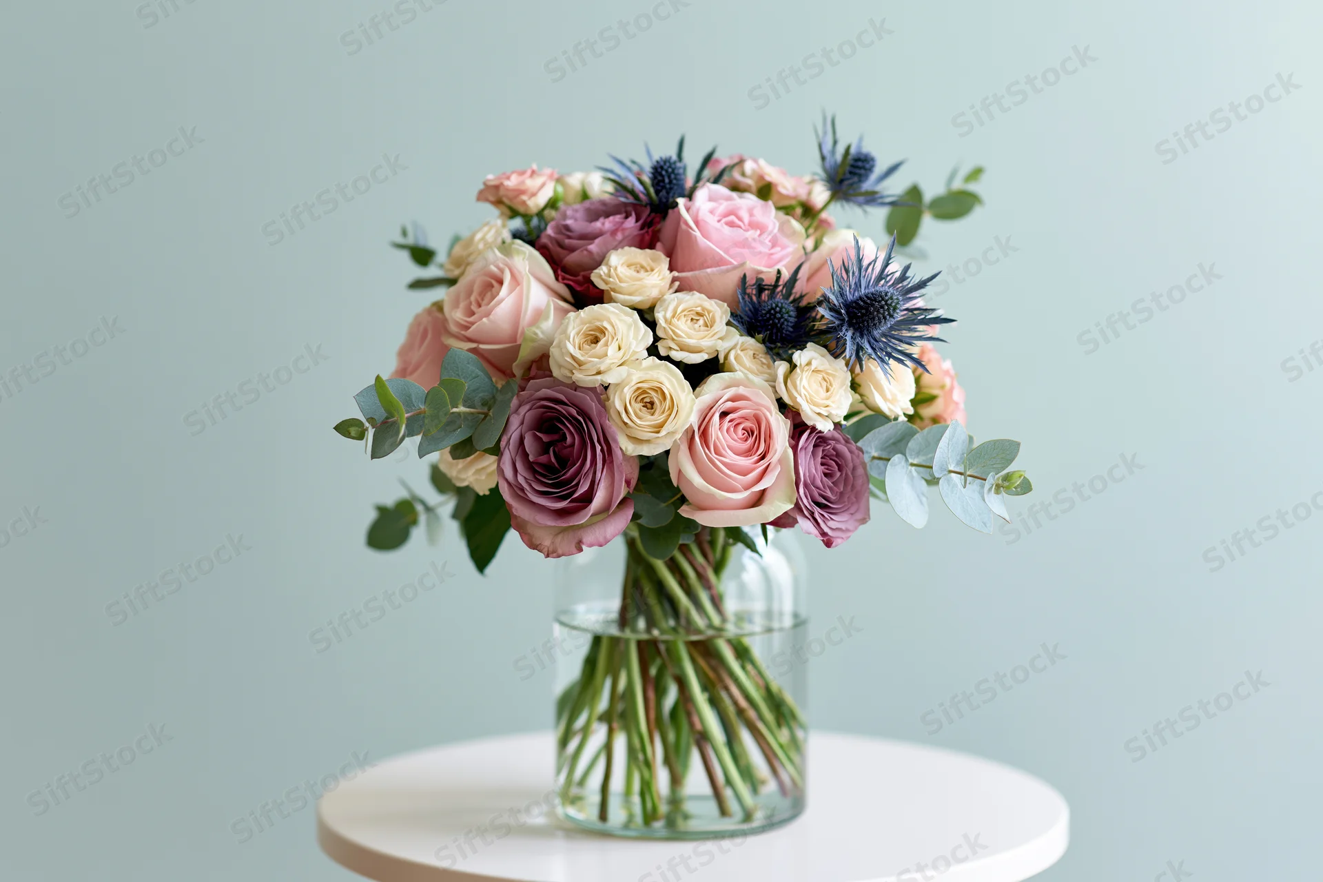 Mixed flower bouquet with roses, thistles and eucalyptus in a clear glass vase on a white round table