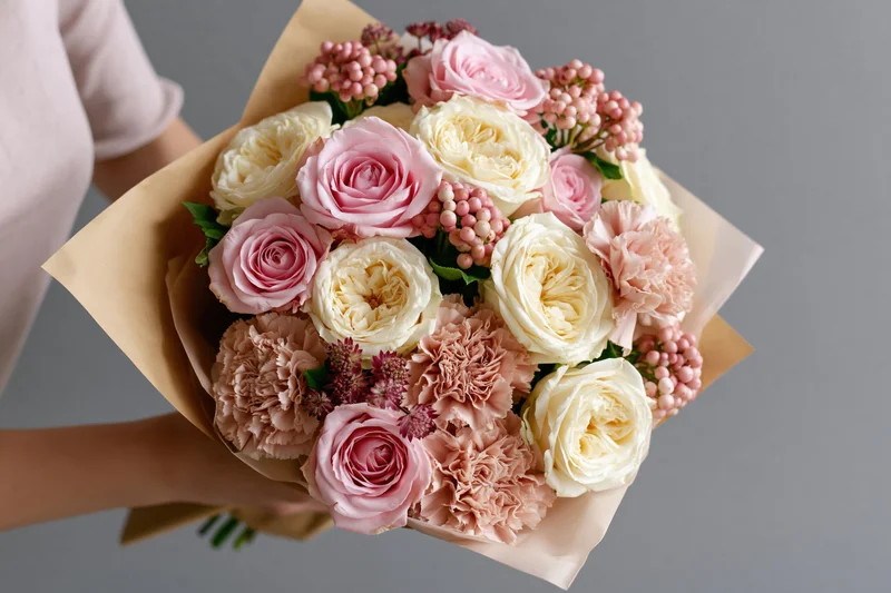 Woman holding a mixed bouquet of soft pink and cream roses wrapped in kraft paper