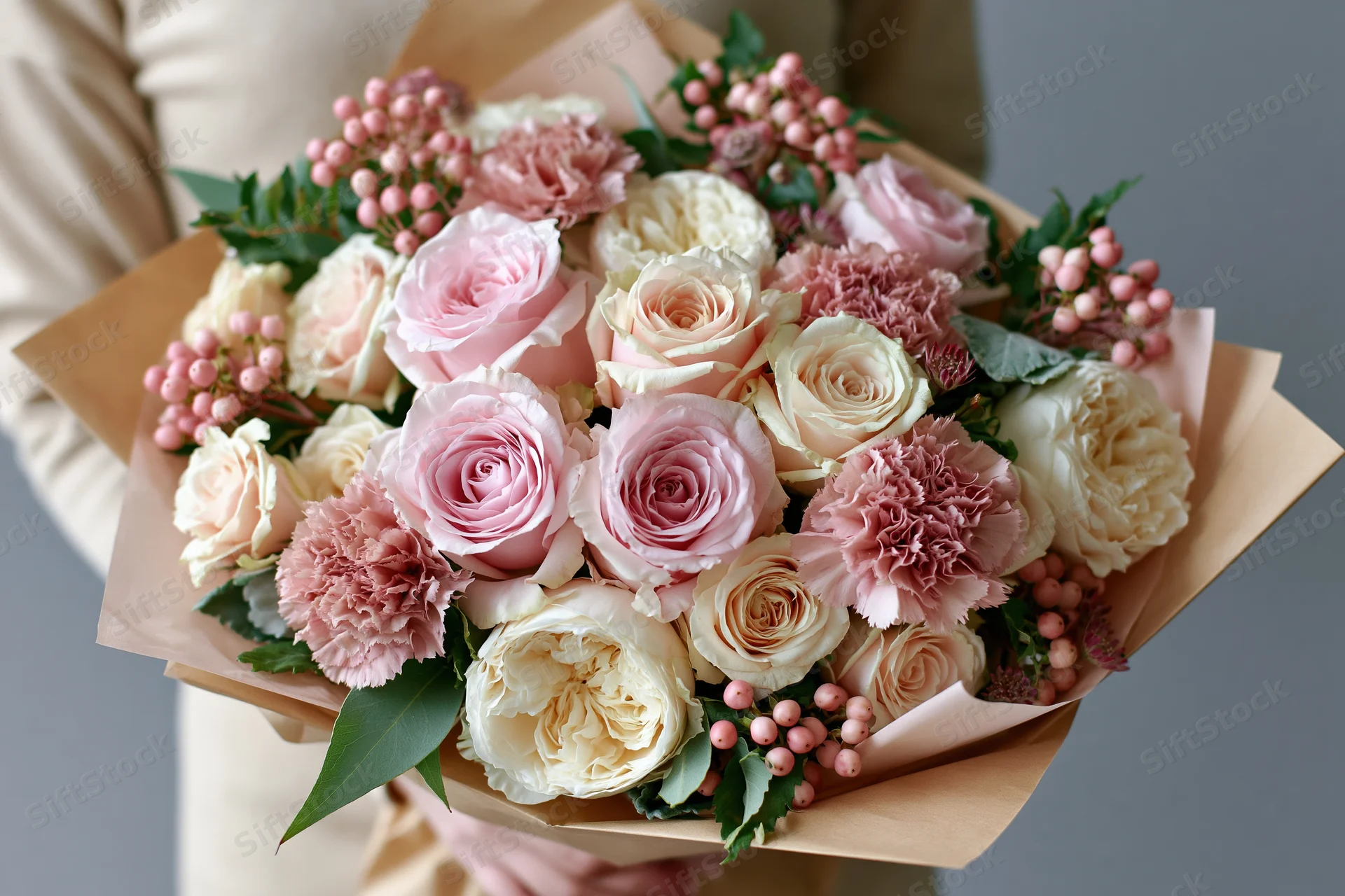 Woman holding a bouquet of soft pink and cream roses wrapped in beige paper