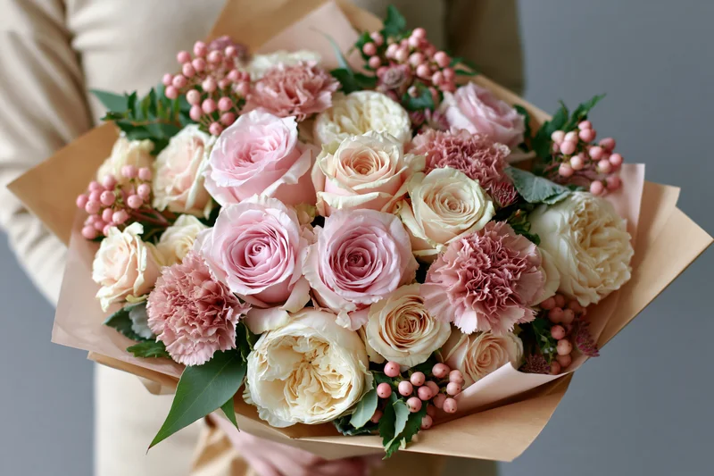 Woman holding a bouquet of soft pink and cream roses wrapped in beige paper