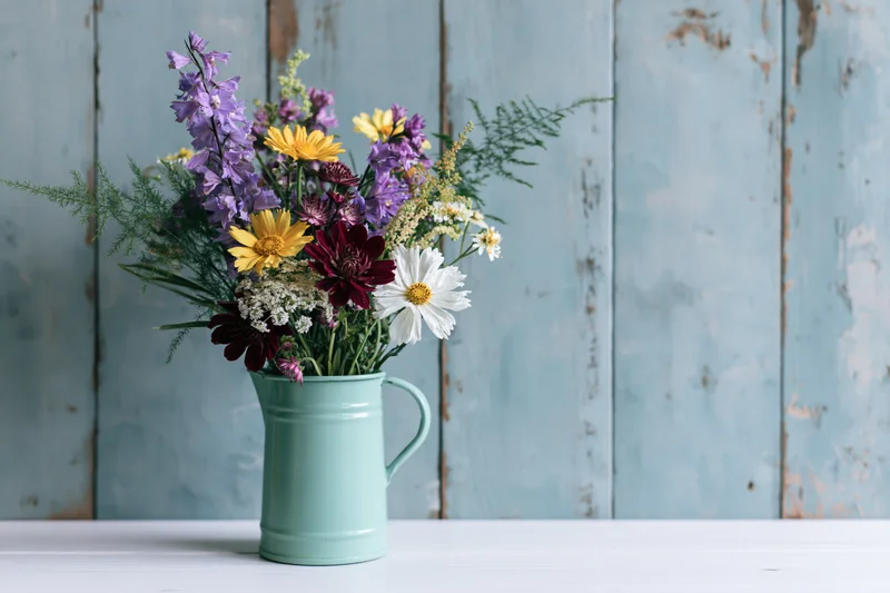 Mixed wildflower bouquet in mint enamel pitcher on white table against blue wooden wall