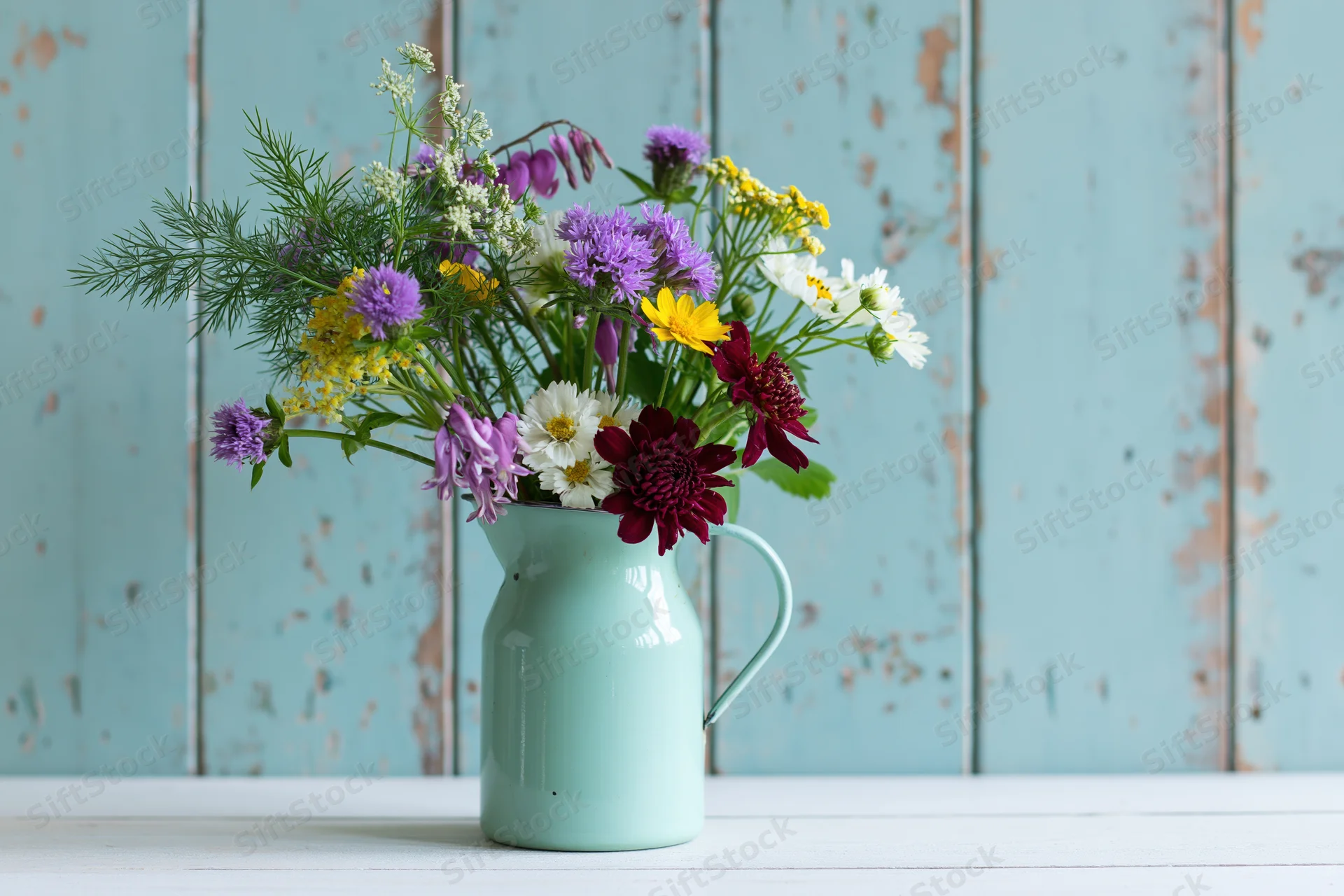 Mixed wildflowers in a mint enamel pitcher on a white table against a weathered blue wooden wall