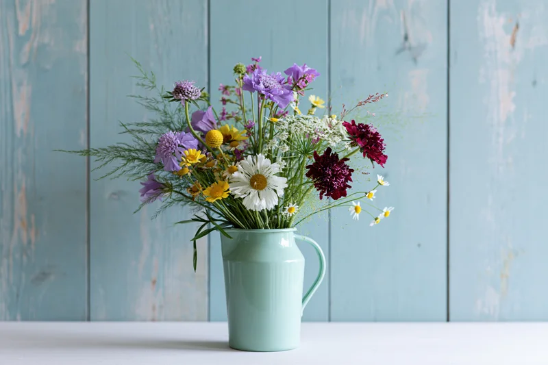 Mixed wildflower bouquet in mint vase on white surface against blue wooden wall