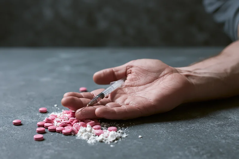 A pale hand lying limp on a dark surface clutching a syringe beside scattered pink pills and white powder