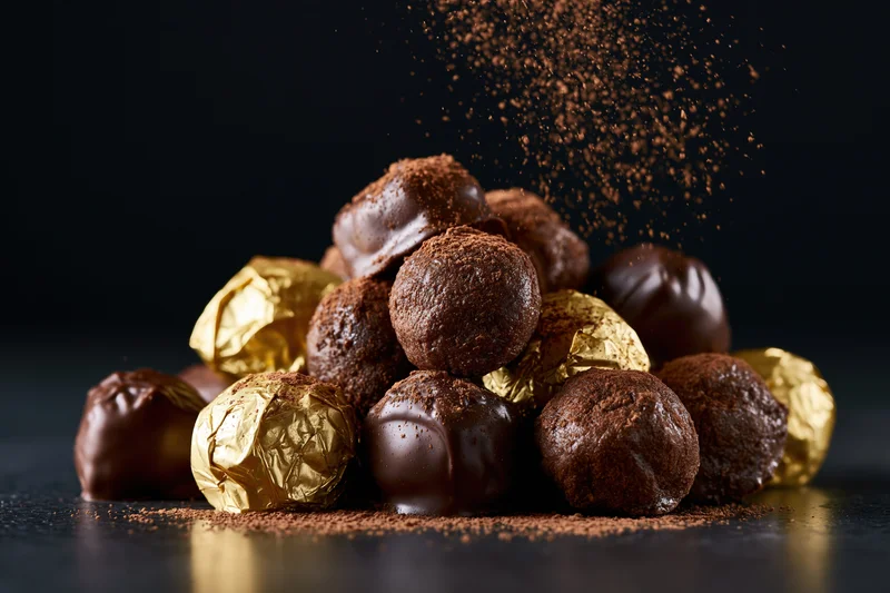 Pile of chocolate truffles and pralines some wrapped in gold foil with cocoa powder sprinkling down onto them on dark surface