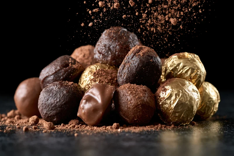 Pile of assorted chocolate truffles and pralines some wrapped in gold foil with cocoa powder sprinkling over dark surface
