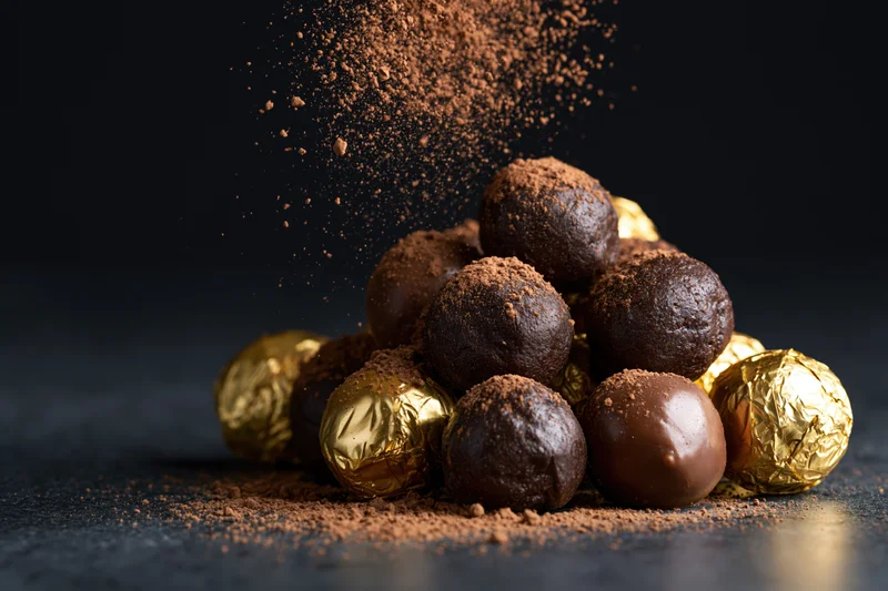 Chocolate truffles and pralines piled together with cocoa powder sprinkling down on dark surface