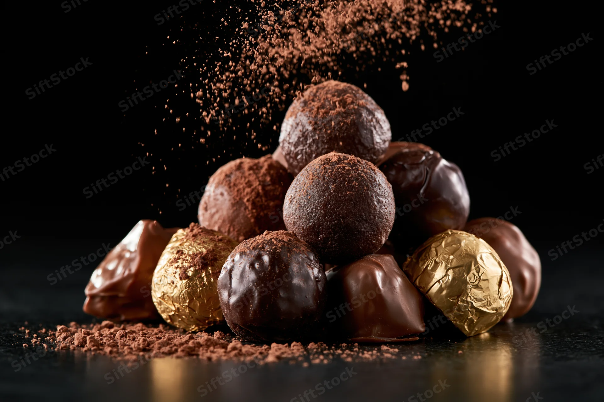 Pile of assorted chocolate truffles and pralines with cocoa powder sprinkling over dark surface