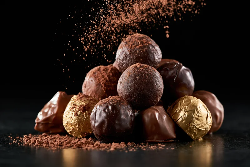 Pile of assorted chocolate truffles and pralines with cocoa powder sprinkling over dark surface