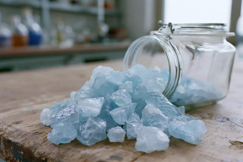 Pale blue translucent chemical crystals spilling from a glass jar onto a wooden workbench in a laboratory