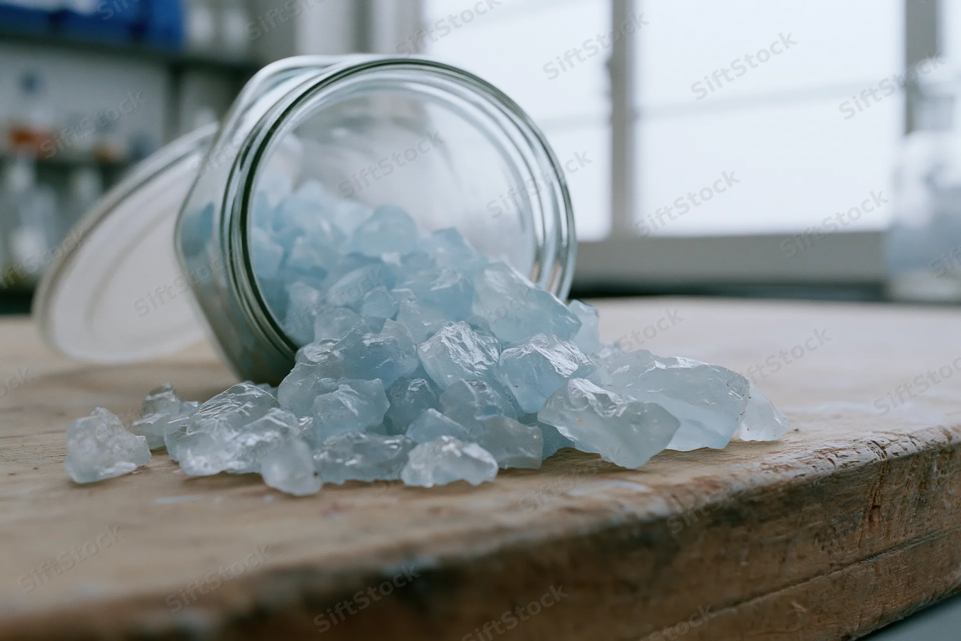 Pale blue translucent chemical crystals spilling from a glass jar onto a wooden lab bench