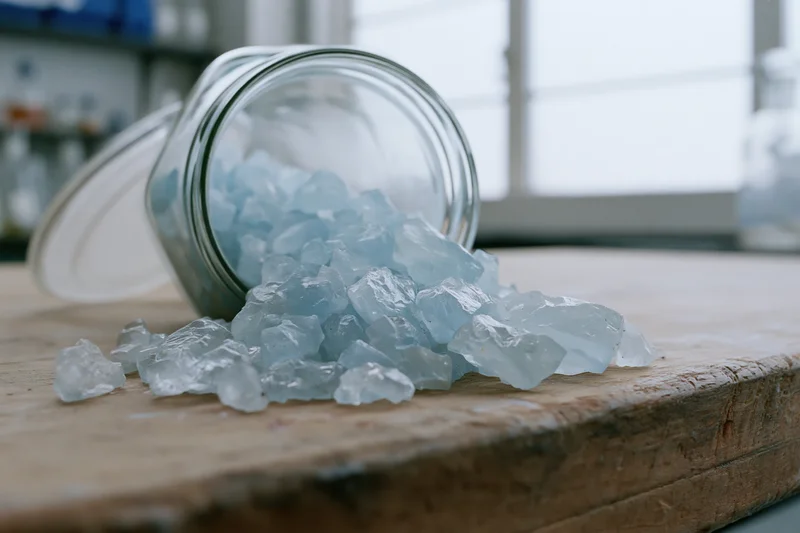 Pale blue translucent chemical crystals spilling from a glass jar onto a wooden lab bench