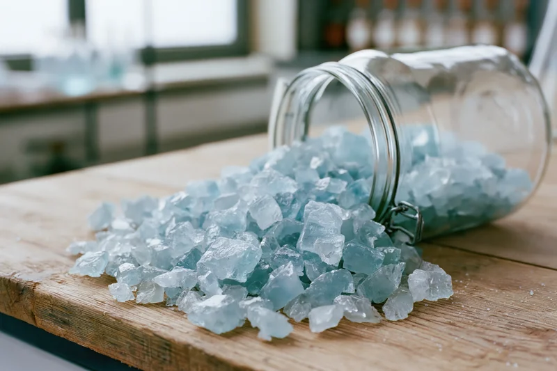 Pale blue translucent chemical crystals spilling from a glass jar onto a wooden table in a laboratory setting