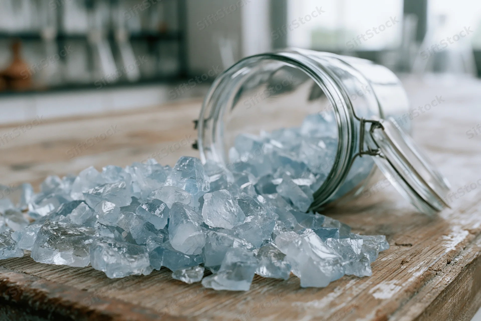 Pale blue translucent chemical crystals spilling from a glass jar onto a wooden surface