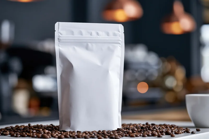 Plain white matte coffee bag standing upright on a cafe countertop surrounded by coffee beans