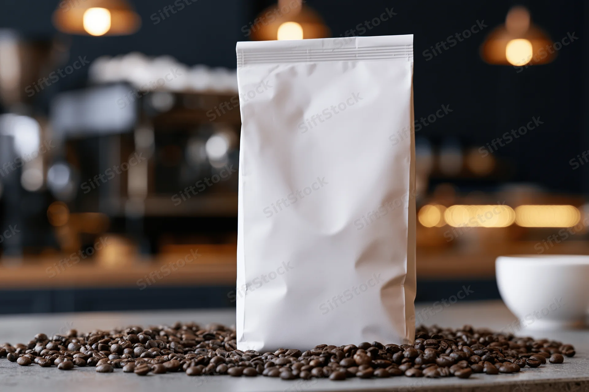 White matte coffee bag standing on a cafe counter surrounded by coffee beans