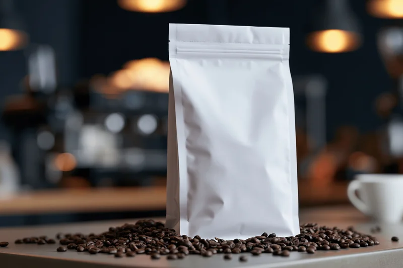White coffee bag standing on cafe counter surrounded by roasted beans