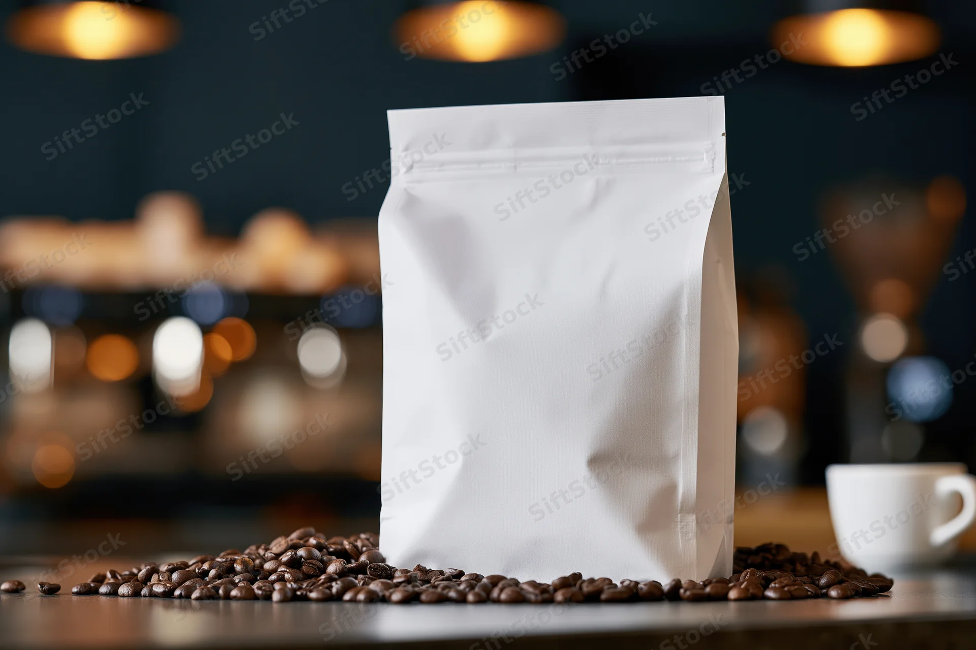 White coffee bag standing on cafe counter surrounded by roasted beans