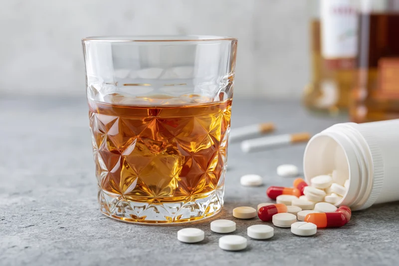 Rocks glass with amber whiskey beside spilled pills and medication bottle on gray concrete surface