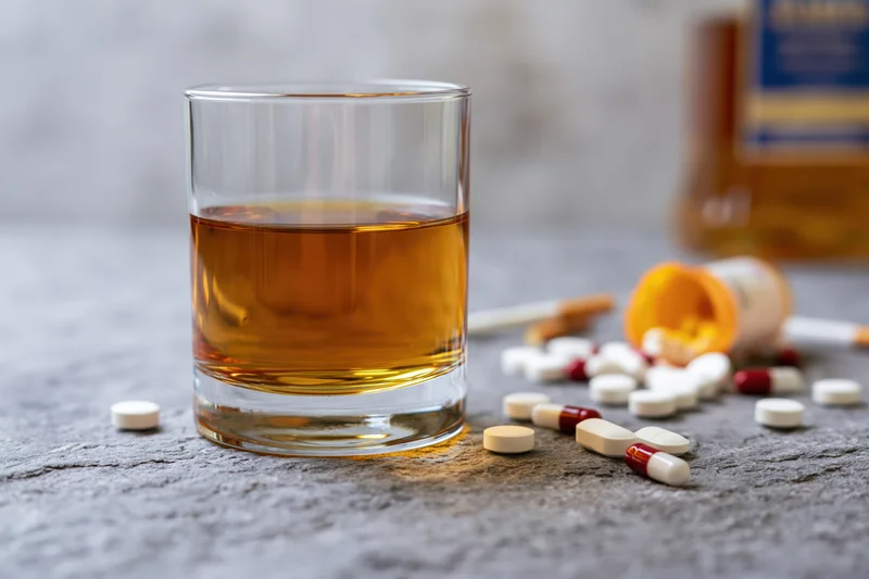 Glass of whiskey beside scattered pills and a medicine bottle on a grey countertop