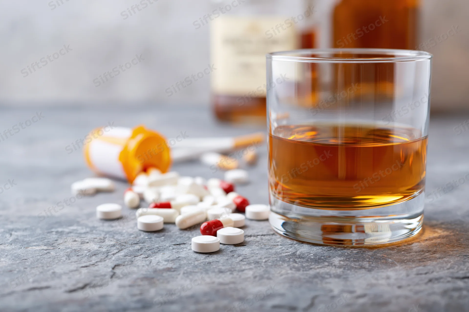 Whiskey glass with scattered pills and medication bottle on stone surface