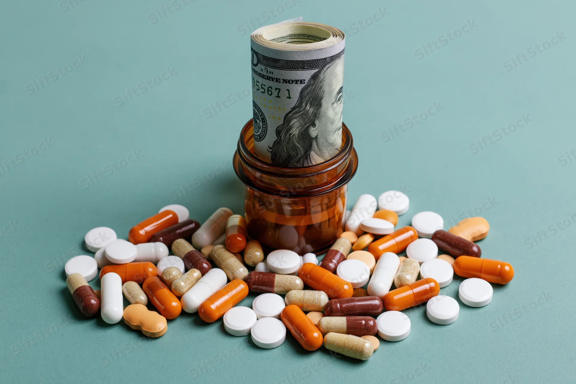 Rolled hundred-dollar bill in amber pill bottle surrounded by scattered pills on teal surface