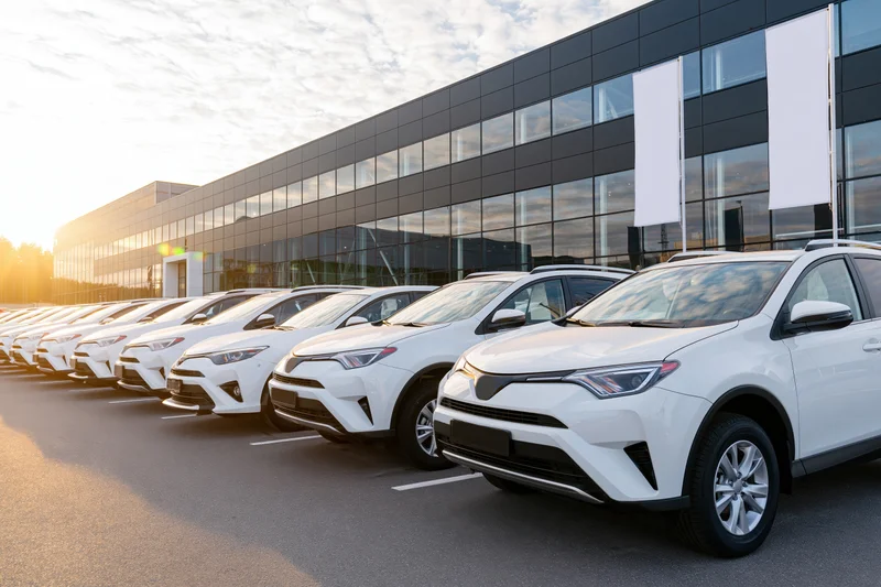 Row of white suvs and sedans parked in front of a modern dealership building at sunrise