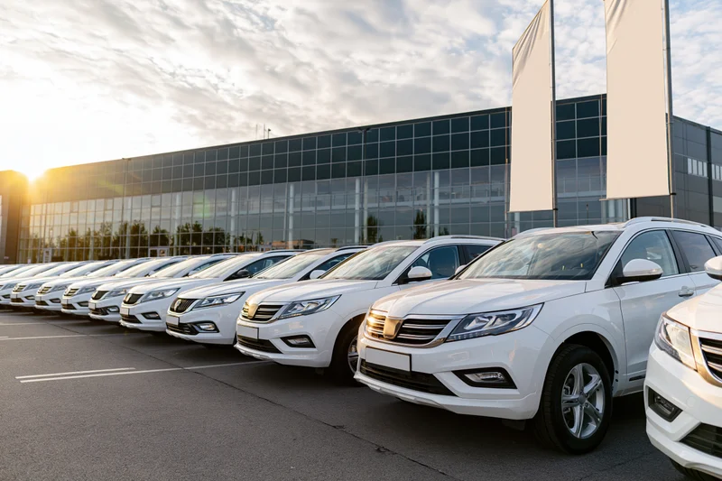 Row of white suvs and sedans parked in a dealership lot at sunrise