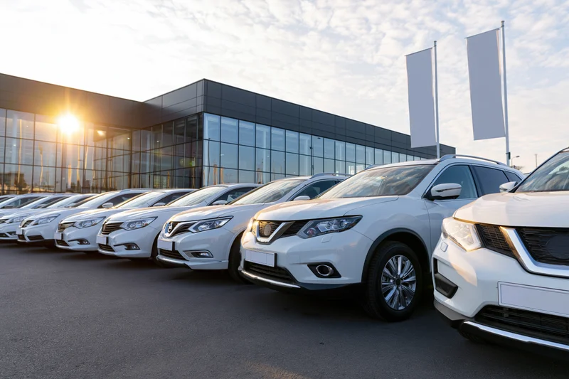 Row of white nissan suvs and sedans parked in front of a modern glass dealership building at sunrise