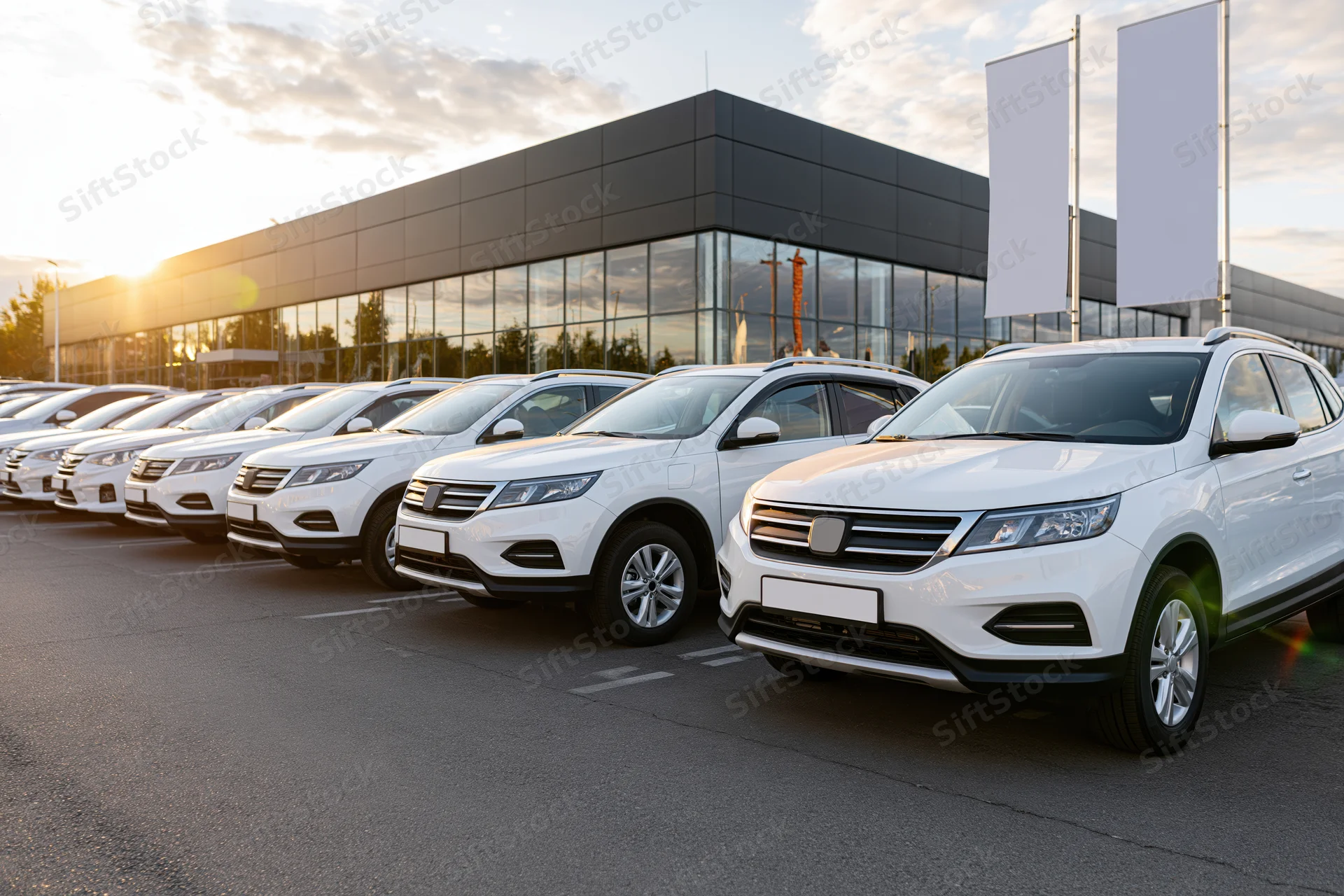 Row of white suvs and sedans parked in a dealership lot at sunset