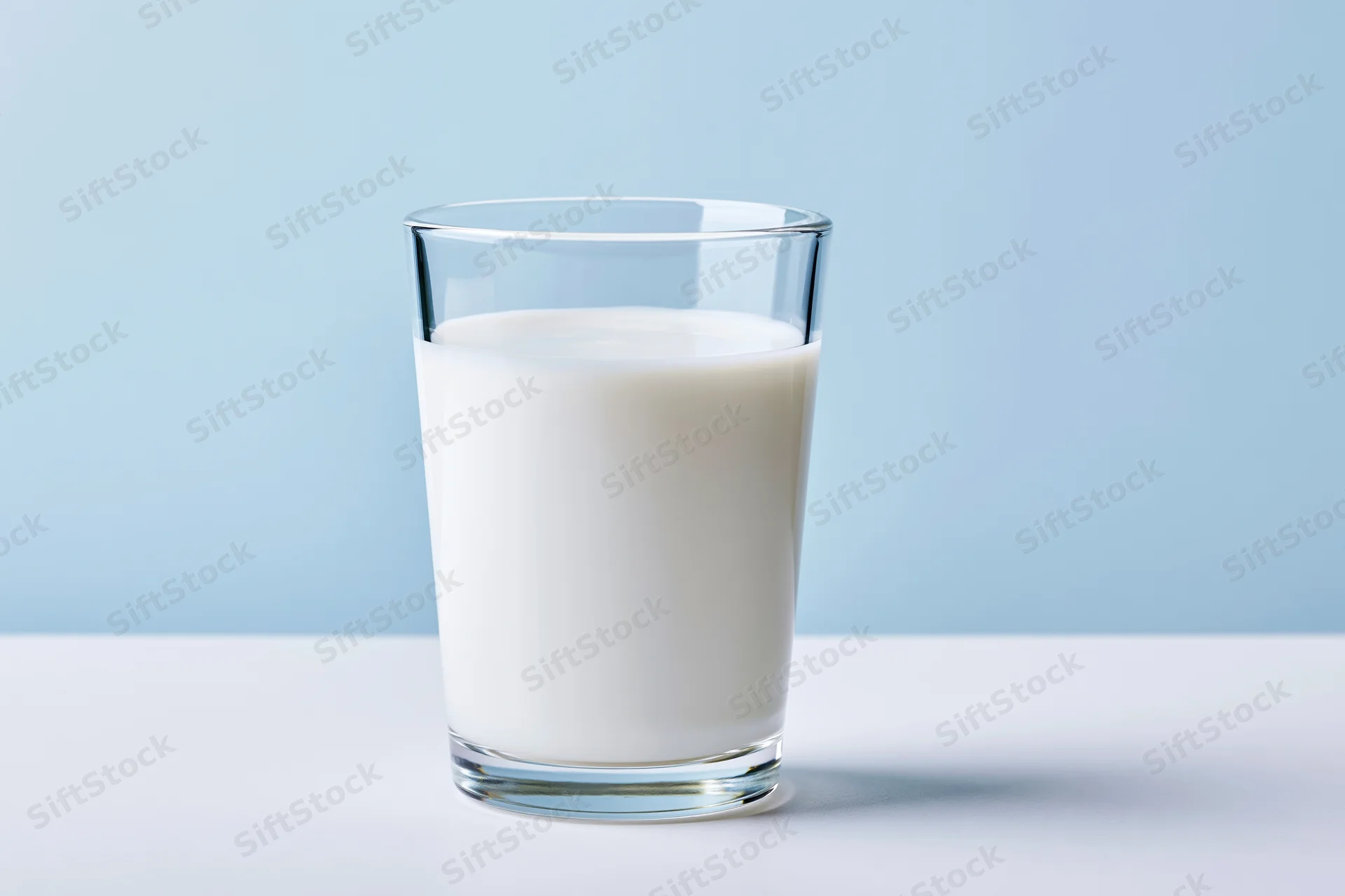 A glass of milk on a white surface against a light blue background