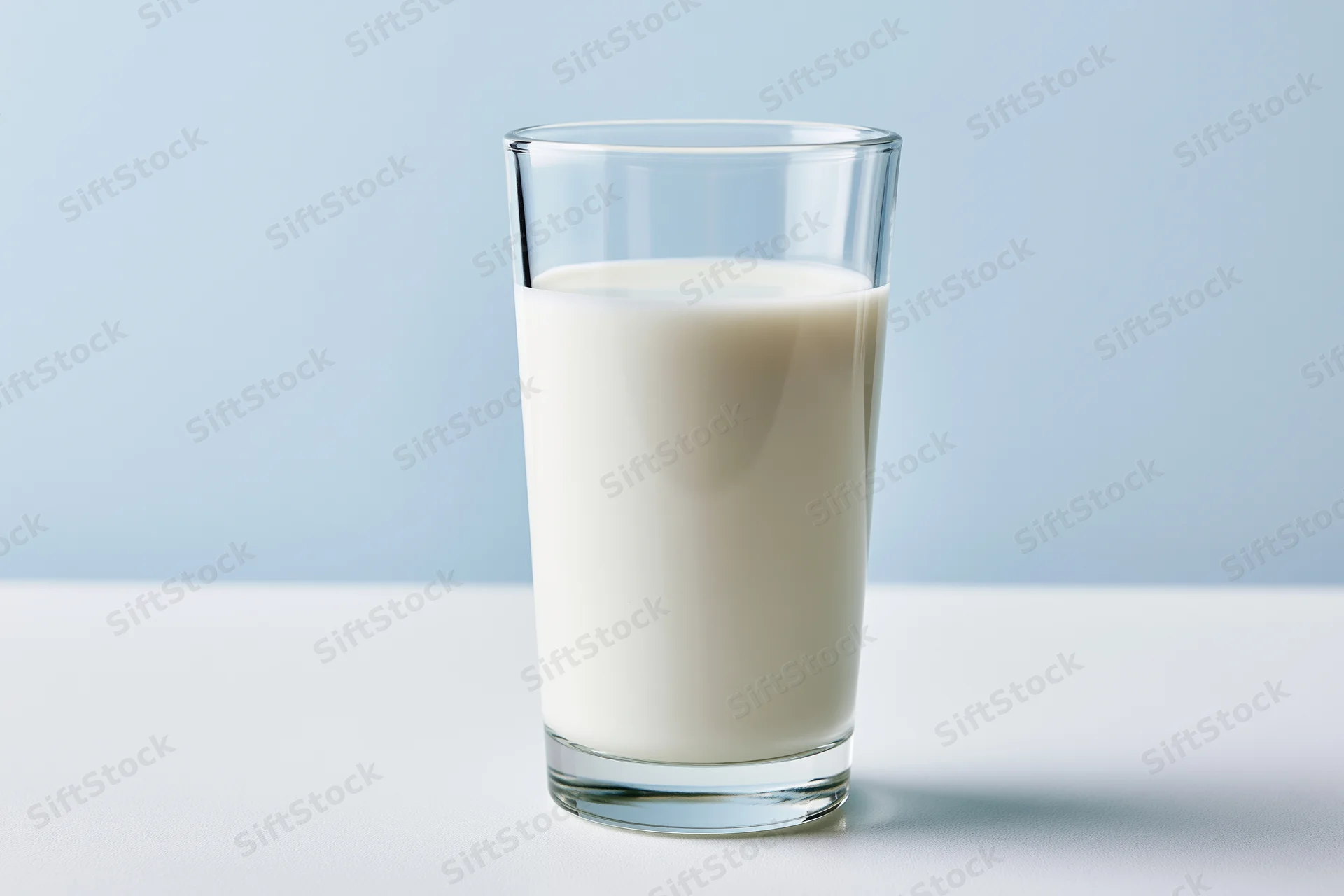 A glass of milk on a white surface against a light blue background