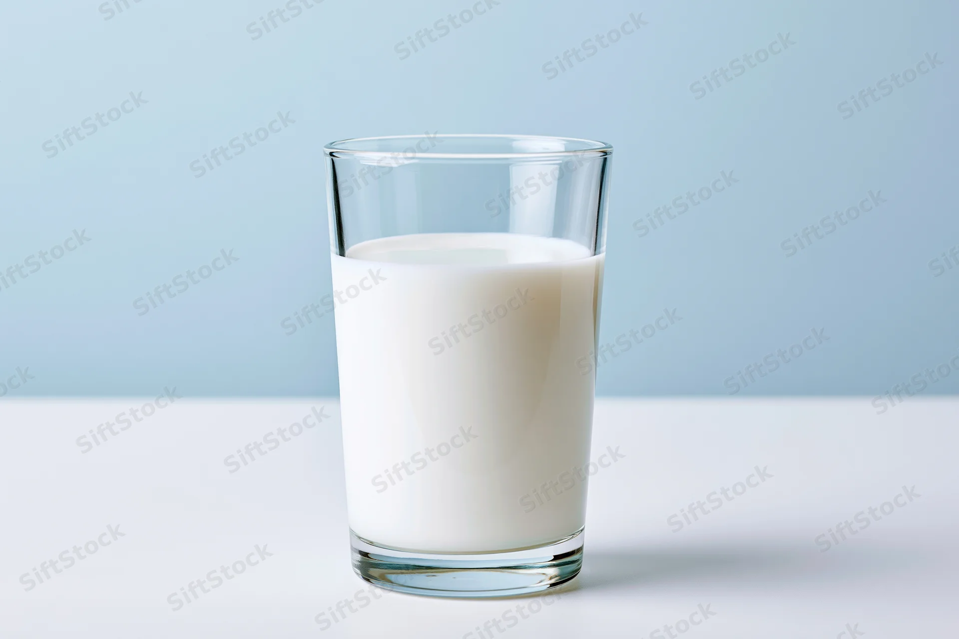 A clear glass filled with white milk sitting on a white surface against a light blue background