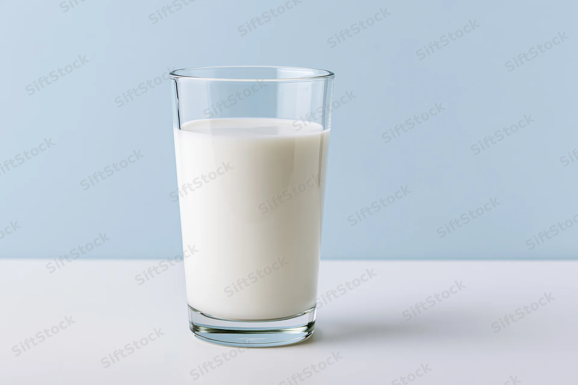 A glass of milk on a white surface against a light blue background