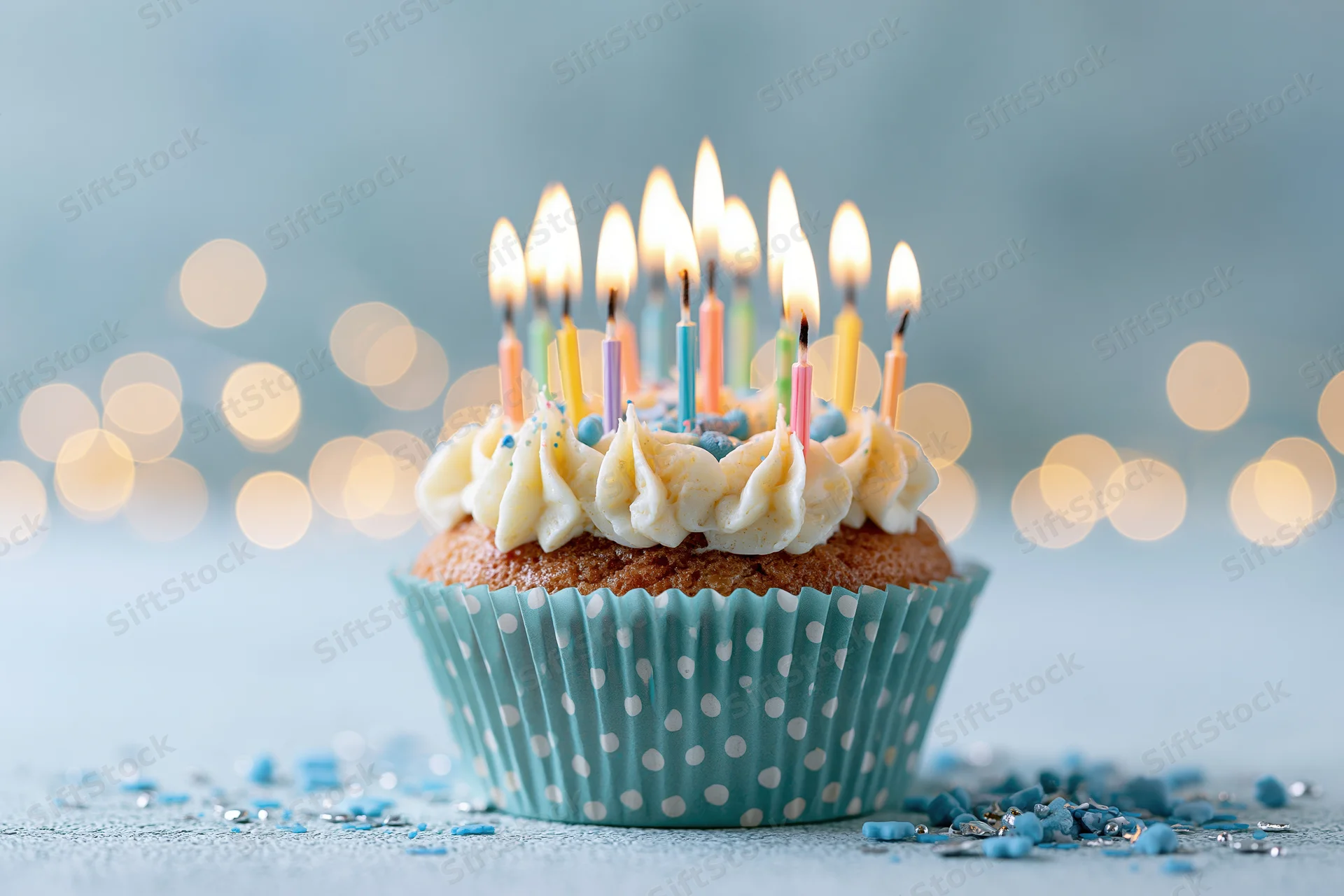 Single birthday cupcake with lit candles in blue polka-dot paper wrapper on textured surface with bokeh lights