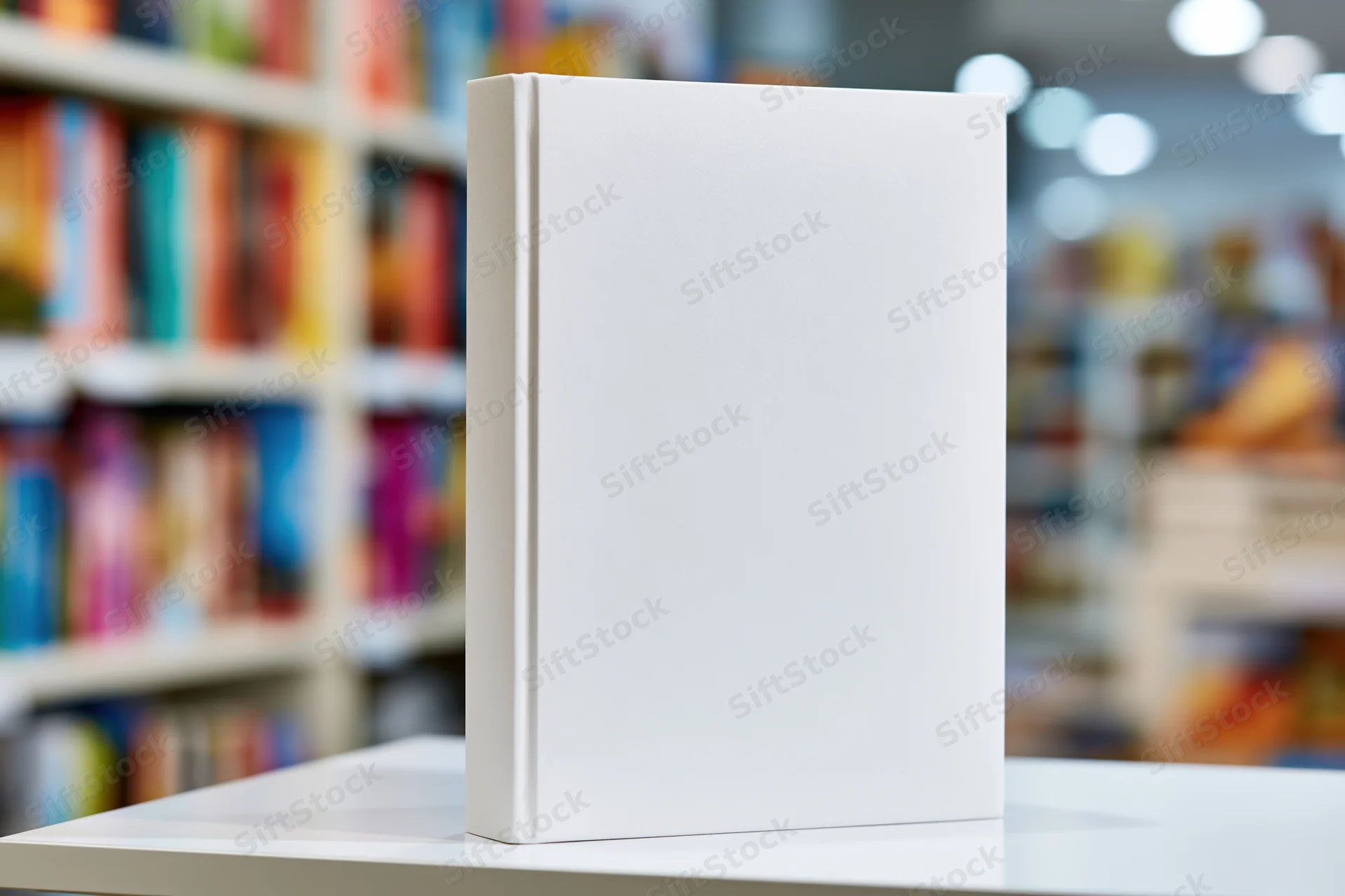 Blank white hardcover book standing upright on a display shelf in a bookstore