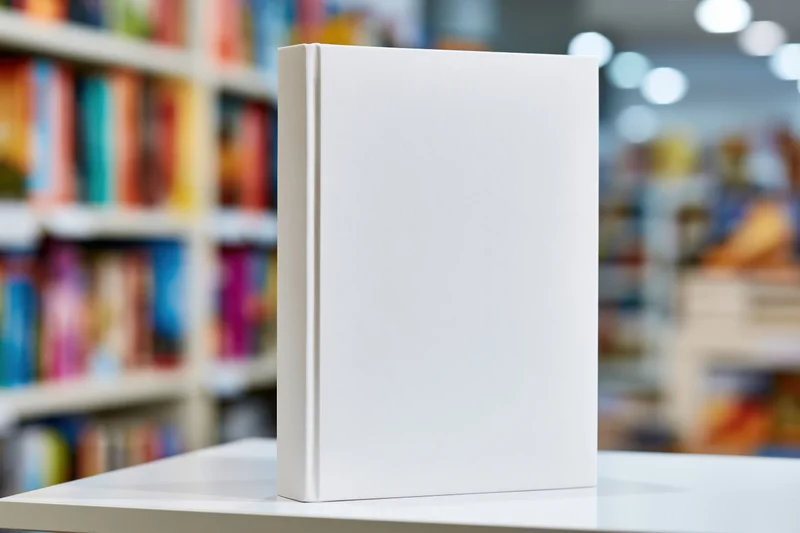 Blank white hardcover book standing upright on a display shelf in a bookstore
