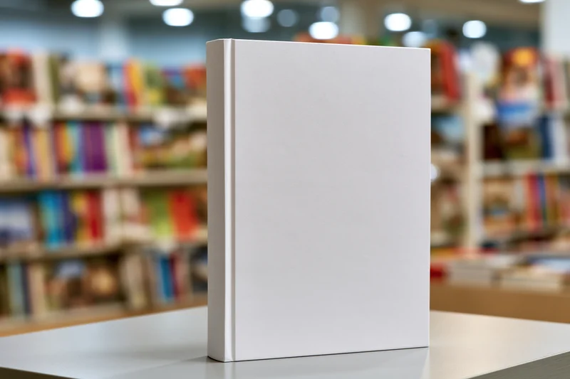 Blank white hardcover book standing upright on a display table in a bookstore