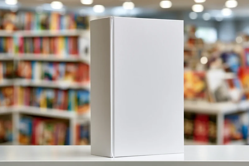 Blank white hardcover book standing upright on a store shelf with blurred background