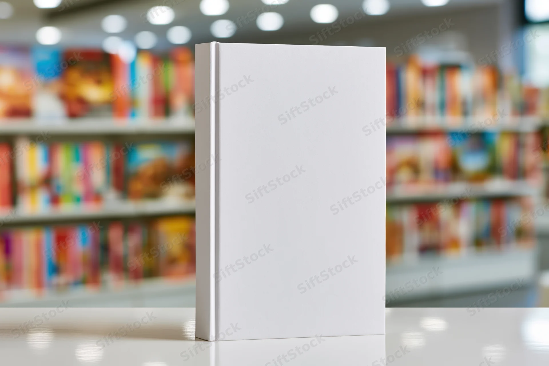 Blank white hardcover book standing upright on a glossy surface in a supermarket aisle