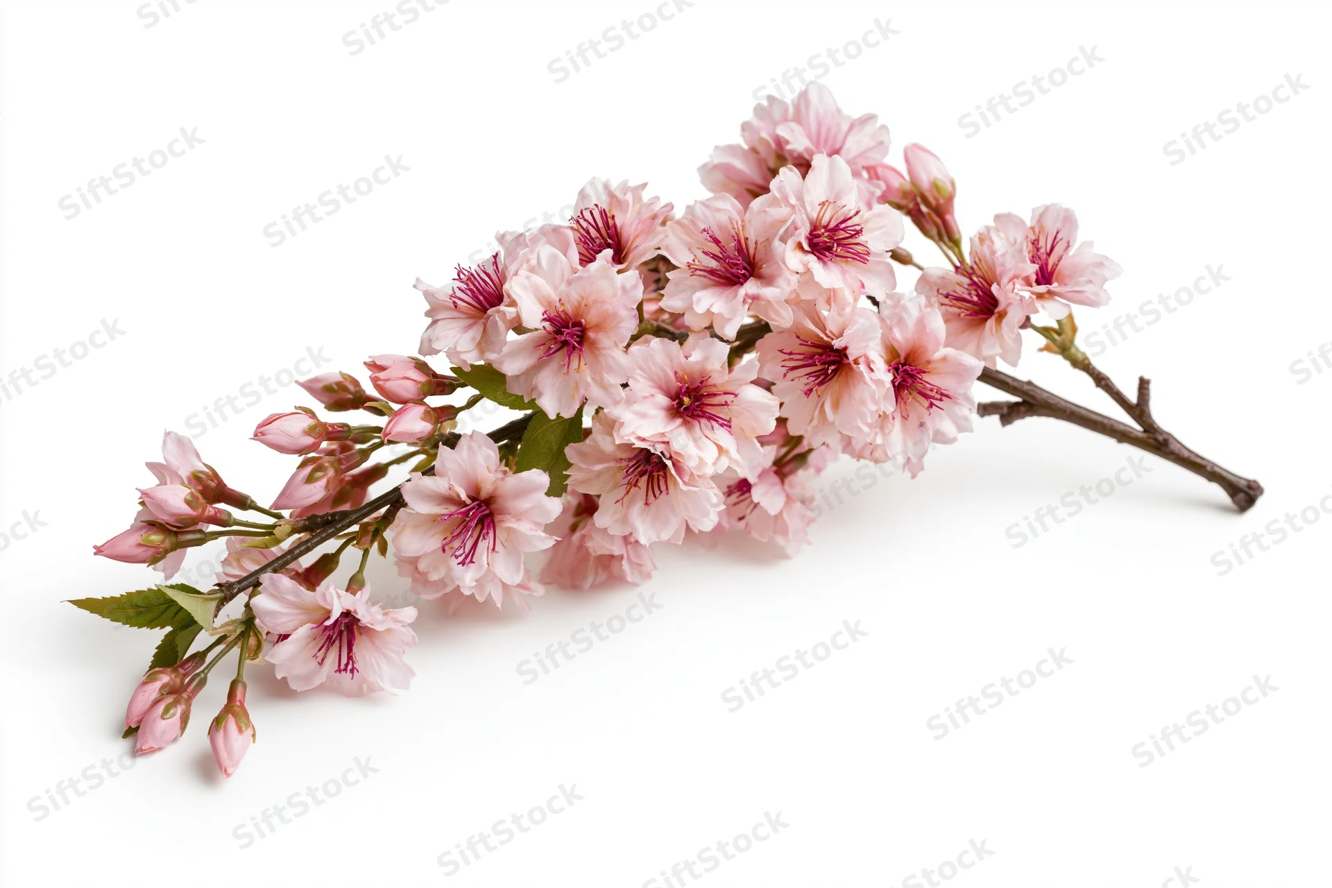 Cherry blossom branch with pink flowers and buds on white background