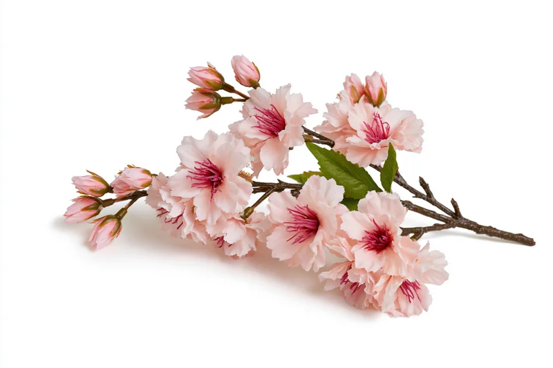 Cherry blossom branch with pink flowers and buds on white background
