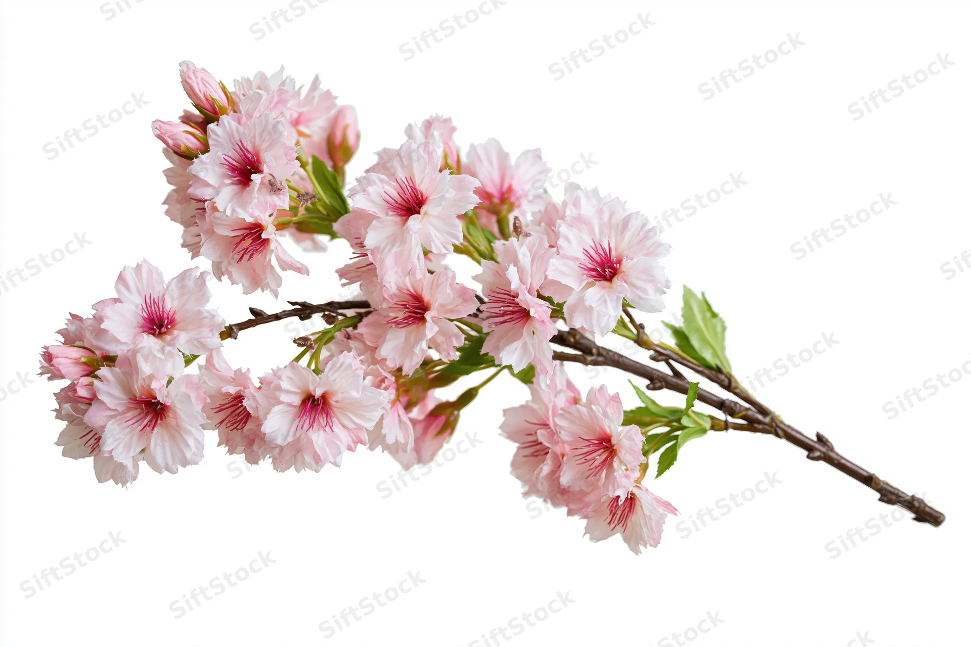 Cherry blossom branch with soft pink flowers and green leaves on white background