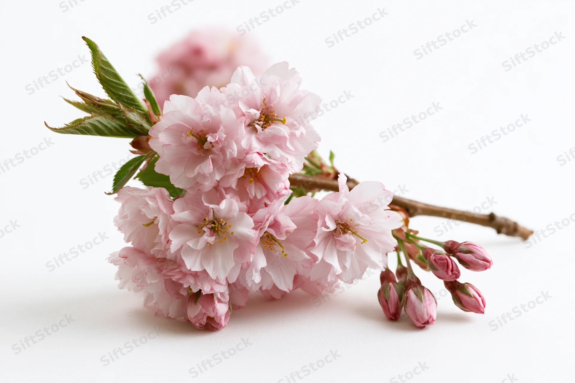 Cherry blossom branch with open pink flowers and buds on white background