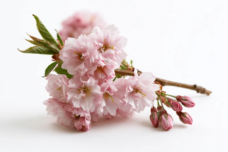 Cherry blossom branch with open pink flowers and buds on white background