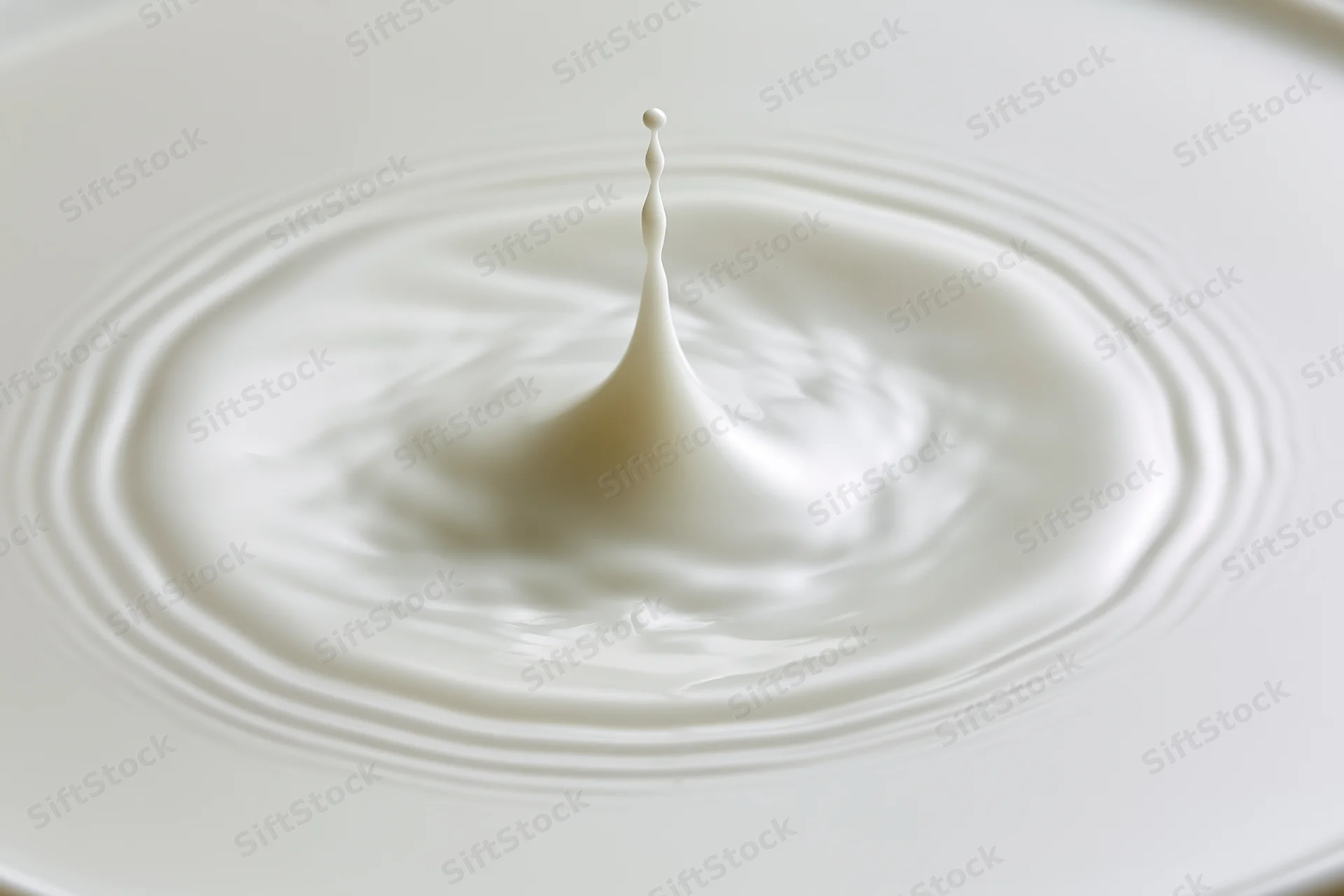 Milk drop frozen mid-splash creating ripples on a white surface