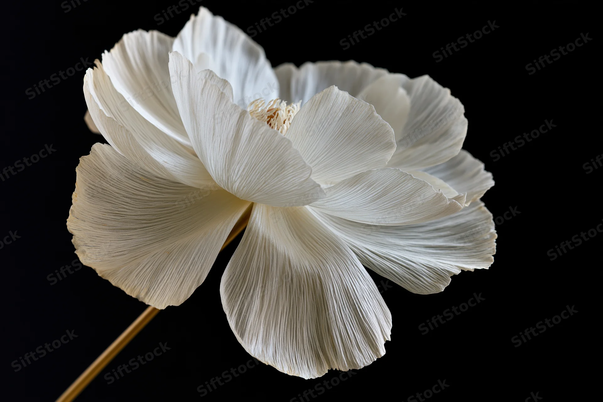 White translucent poppy flower with layered delicate petals on black background