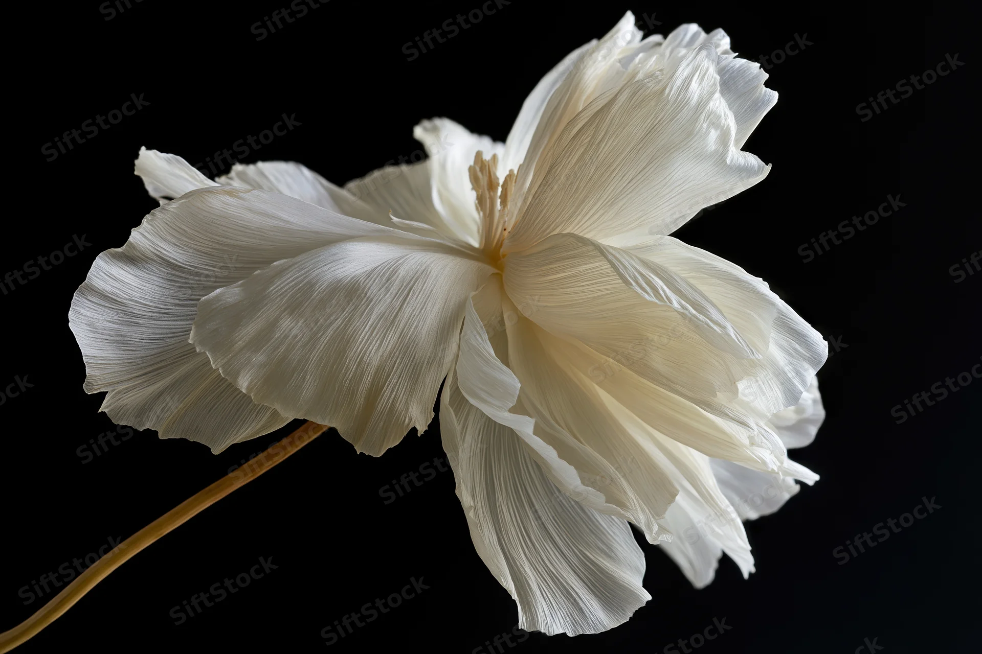 Single white flower with layered translucent petals on black background